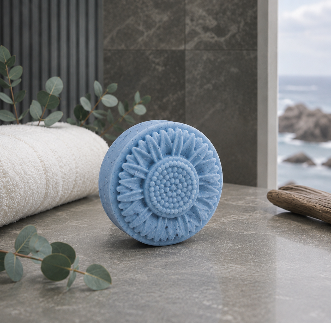 Single blue Coastal Rain Fog sunflower soap with dark blue speckles on a stone bathroom counter, styled with eucalyptus, towel, driftwood, and coastal scenery.