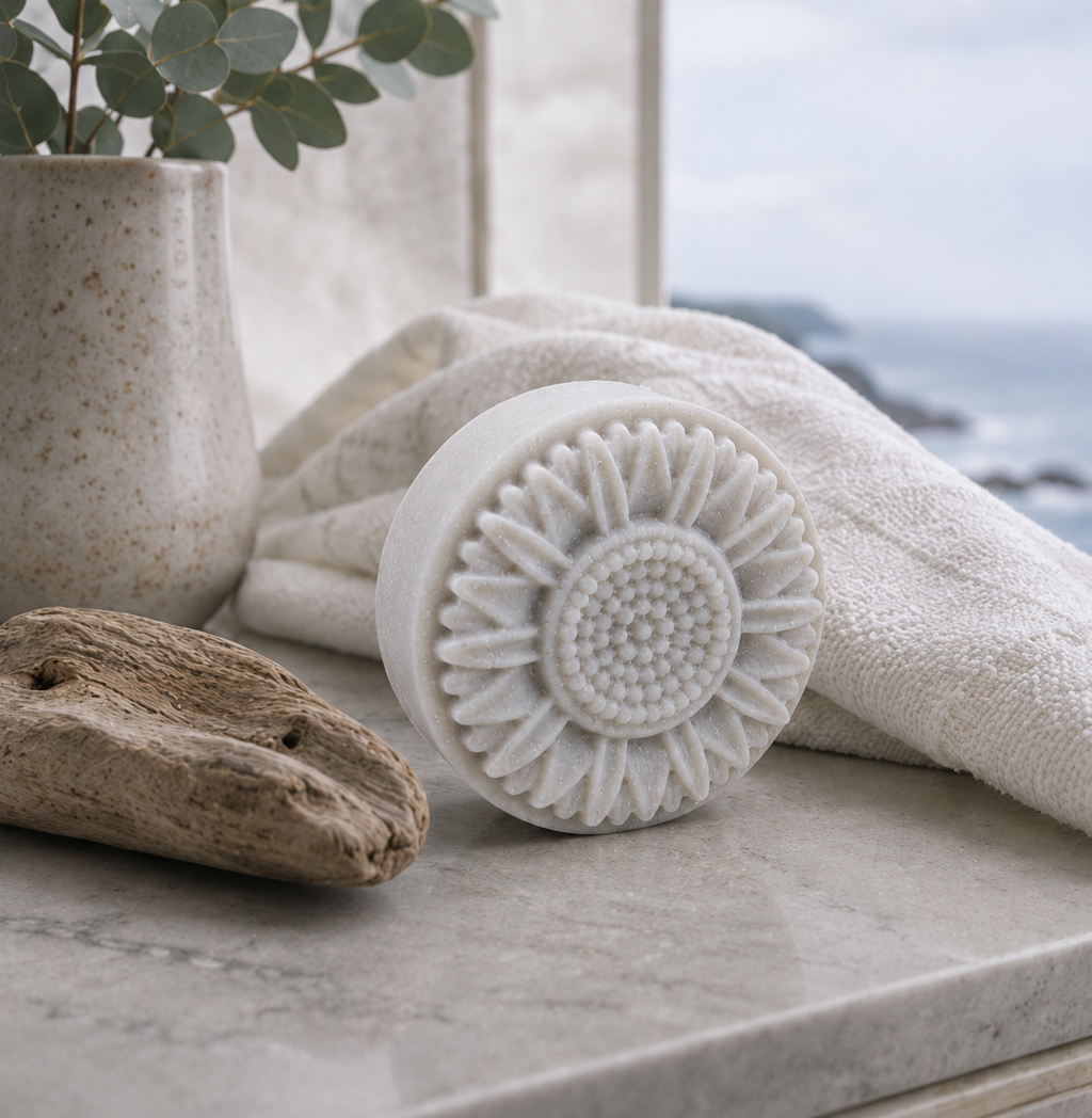 Single cream white Coastal Rain Fog sunflower soap with subtle handmade texture on a stone vanity beside driftwood, a soft towel, eucalyptus, and ocean view.