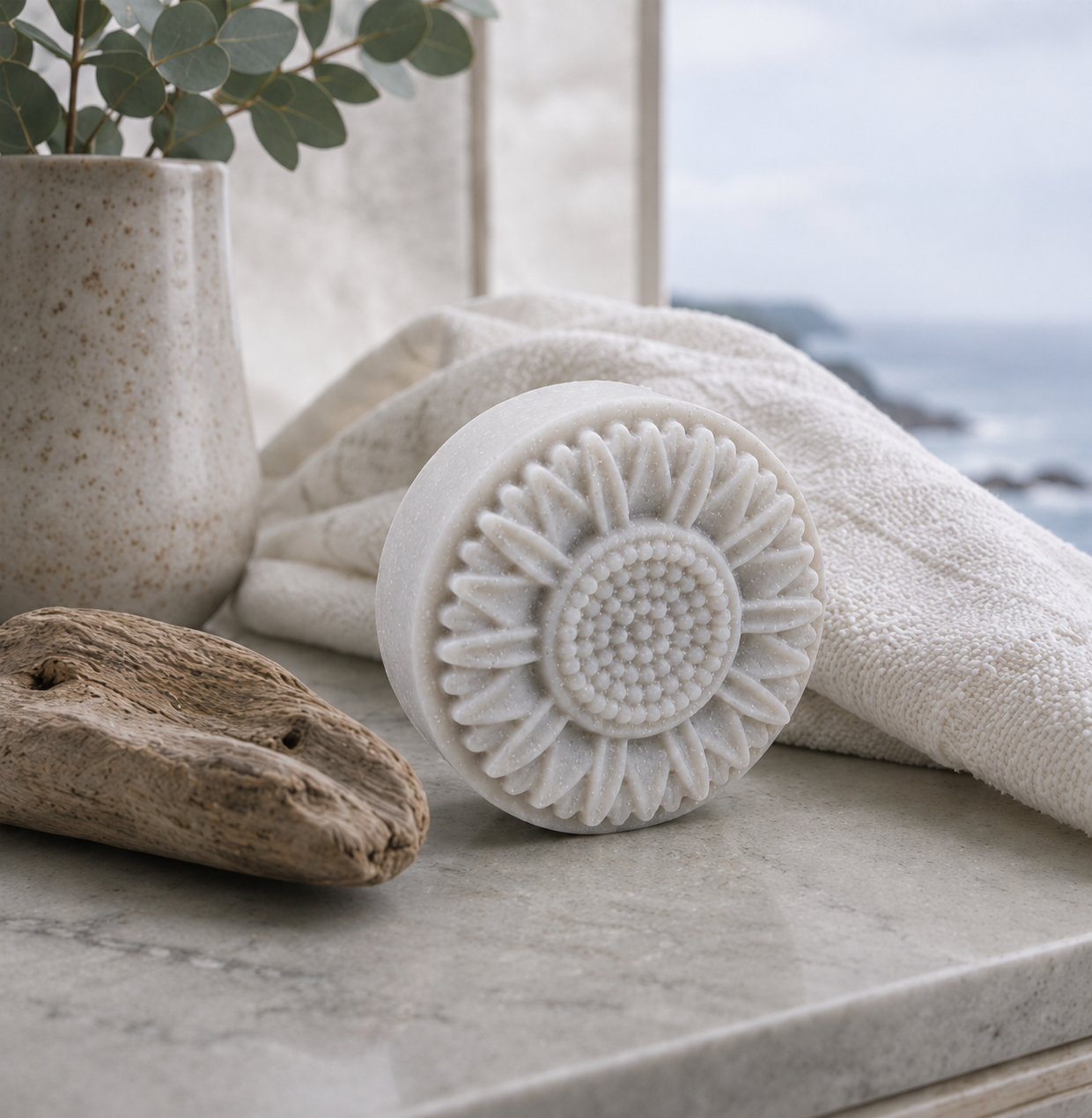 Single cream white Coastal Rain Fog sunflower soap with subtle handmade texture on a stone vanity beside driftwood, a soft towel, eucalyptus, and ocean view.