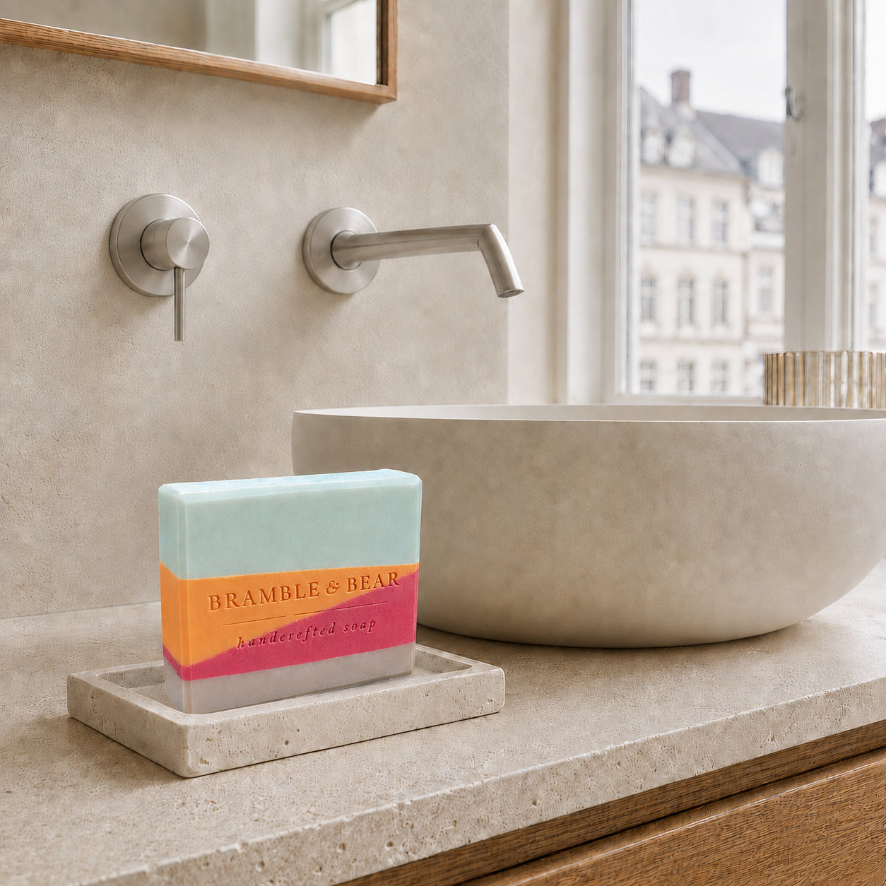 Copenhagen Summer soap beside a sculptural sink in a bright Copenhagen bathroom with pale stone and warm oak.