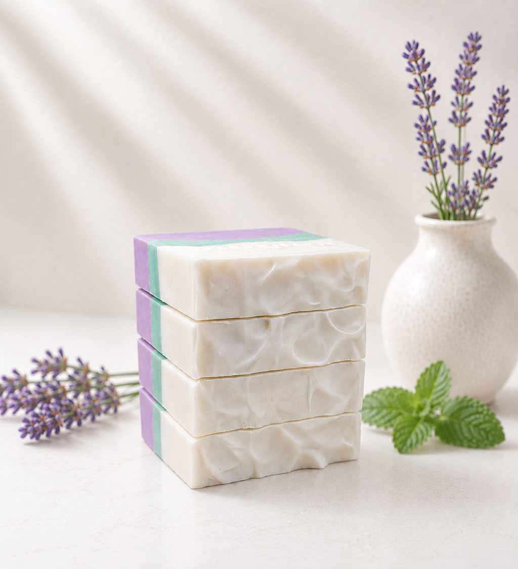 Vertical stack of Alpine Lavender Mint soap bars showing ivory swirled sides with lavender and mint green layers, styled beside lavender sprigs and mint leaves.