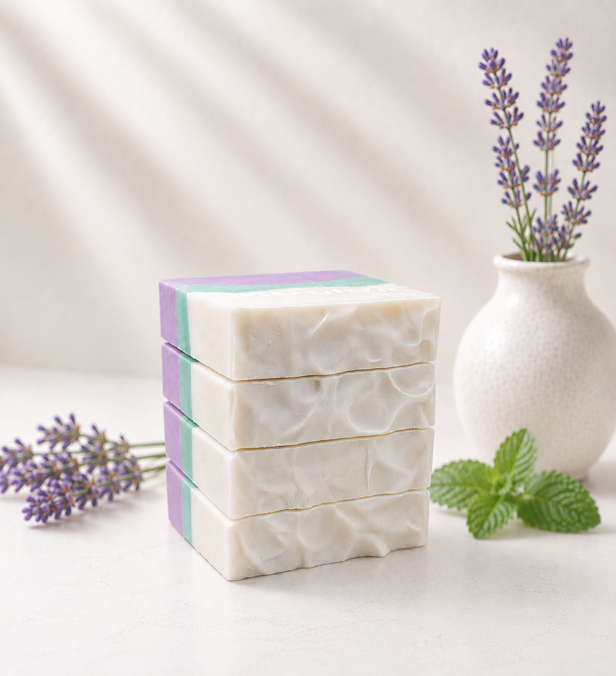 Vertical stack of Alpine Lavender Mint soap bars showing ivory swirled sides with lavender and mint green layers, styled beside lavender sprigs and mint leaves.