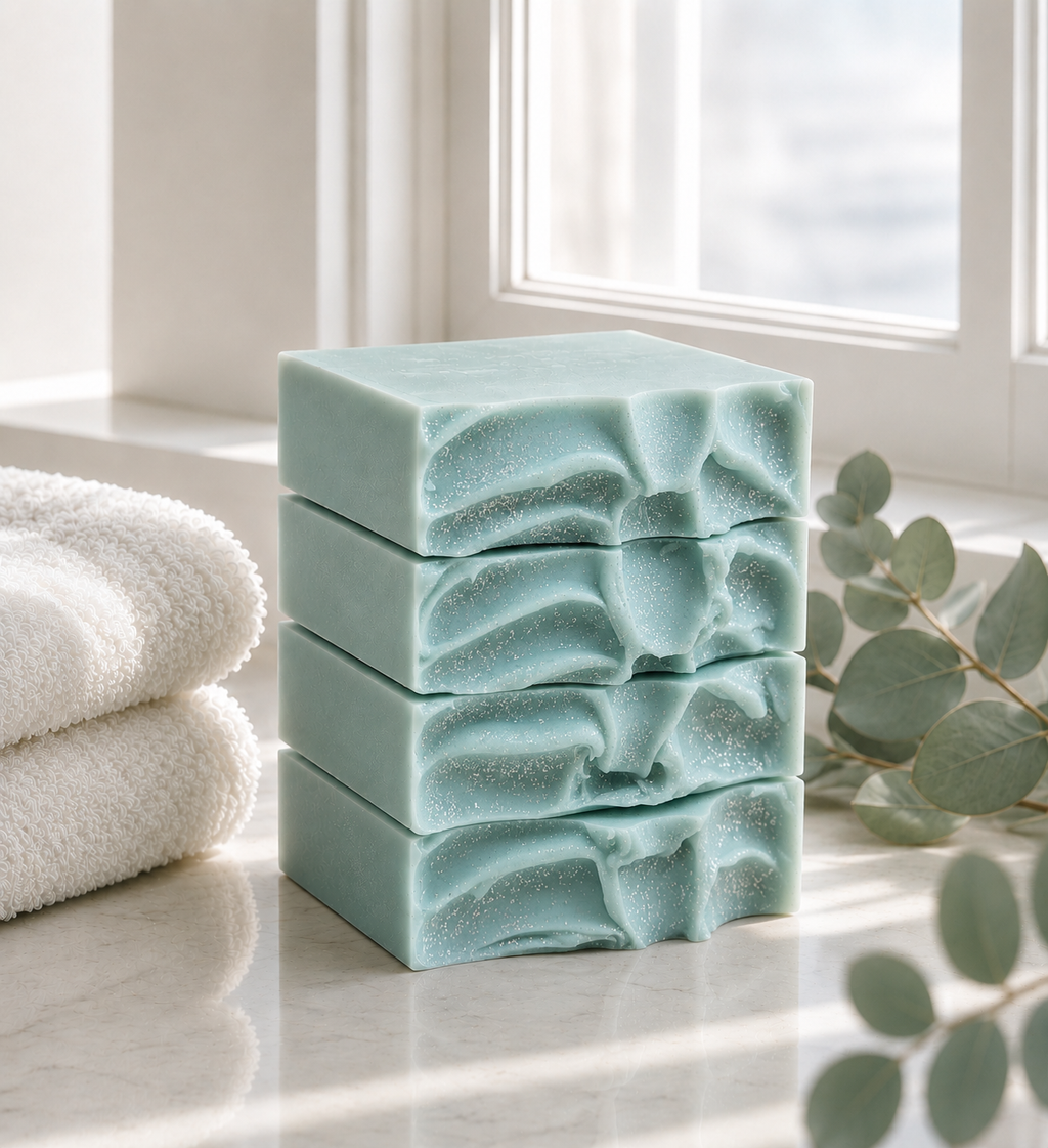 Coastal Eucalyptus Mist handmade soaps stacked vertically on a bright marble surface, showing soft aqua sea-glass color, wave-carved sides, speckled texture, eucalyptus, and folded towels.