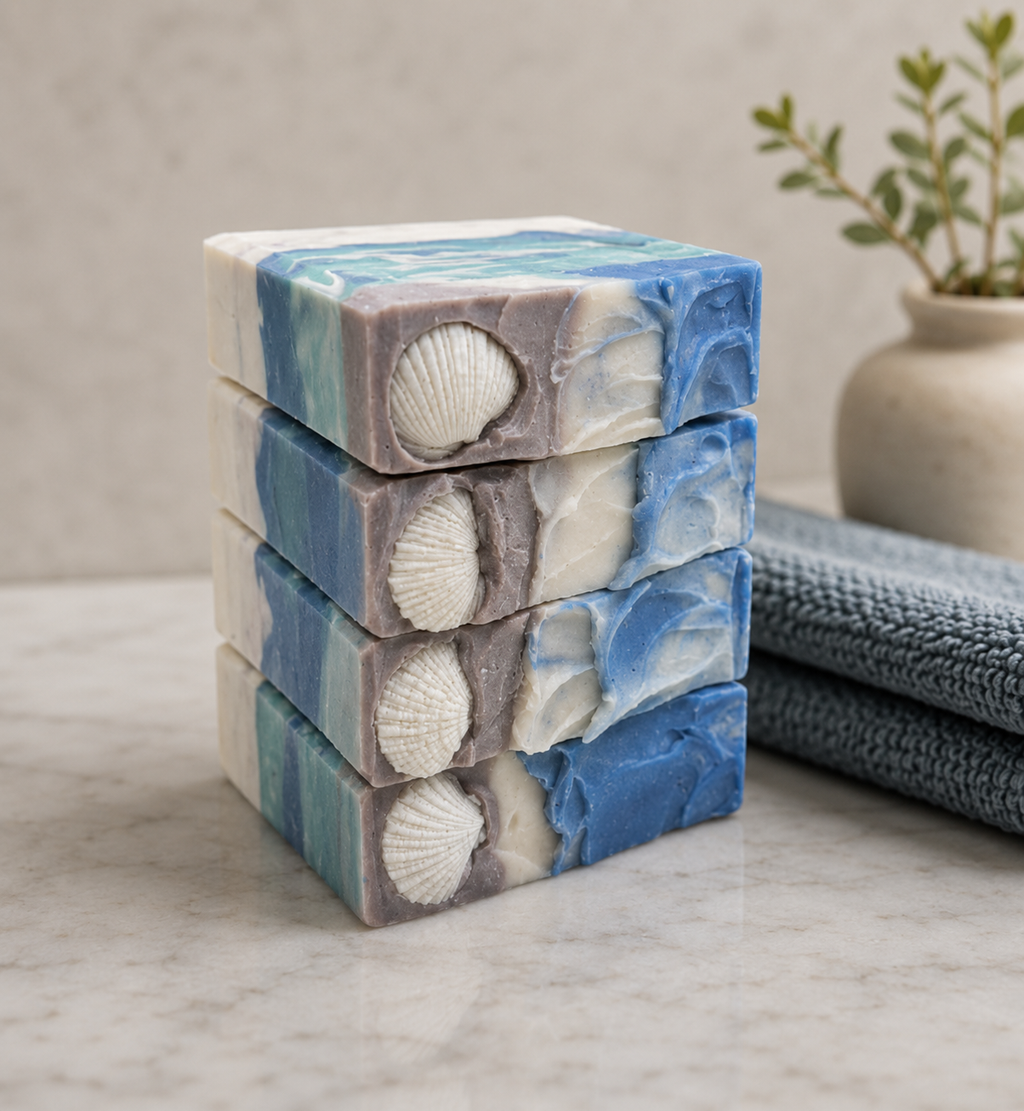 Coastal Rain Fog handmade soaps stacked vertically on a light surface, showing blue, white, and gray coastal swirls with shell embeds, beside a towel and small greenery.