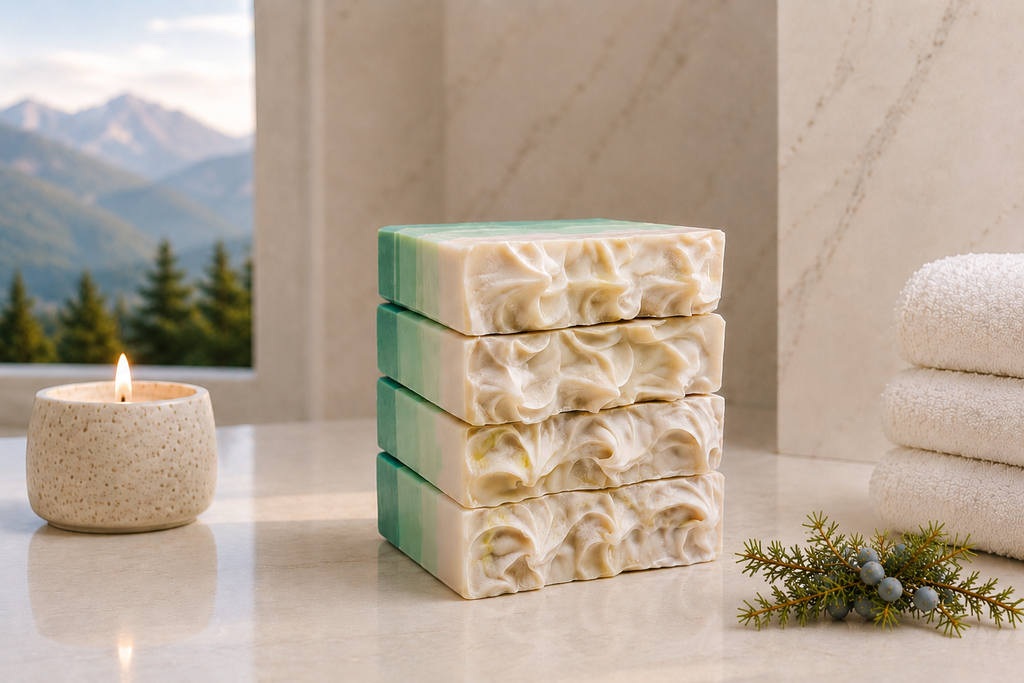 Juniper Woodland Sunset handmade soaps stacked vertically on a bright marble surface, showing creamy whipped textures, soft green layers, juniper berries, towels, candlelight, and alpine scenery.