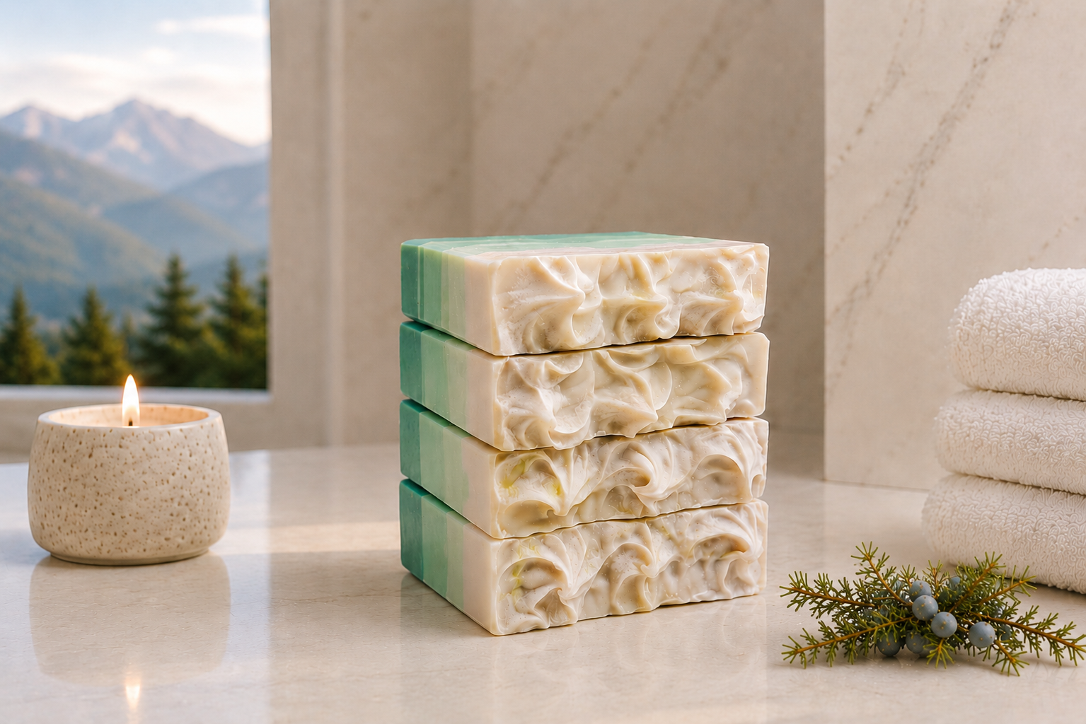 Juniper Woodland Sunset handmade soaps stacked vertically on a bright marble surface, showing creamy whipped textures, soft green layers, juniper berries, towels, candlelight, and alpine scenery.