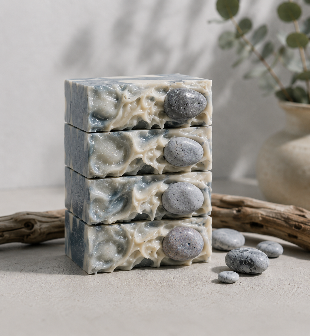 Four Northern Fjord Air handmade soap bars stacked vertically on a light surface, showing blue-gray, cream, and charcoal swirls with gray pebble embeds, beside driftwood, small stones, and soft greenery.