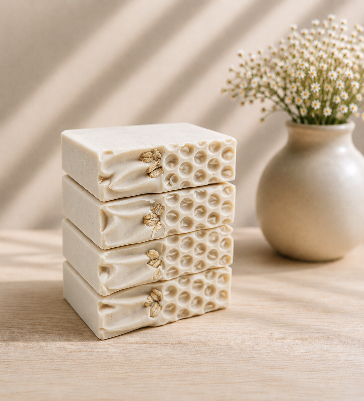 Vertical stack of cream-colored Honey Oatmeal Grove soap bars with oatmeal-inspired textured sides, styled beside a small vase of pale flowers in warm natural light.
