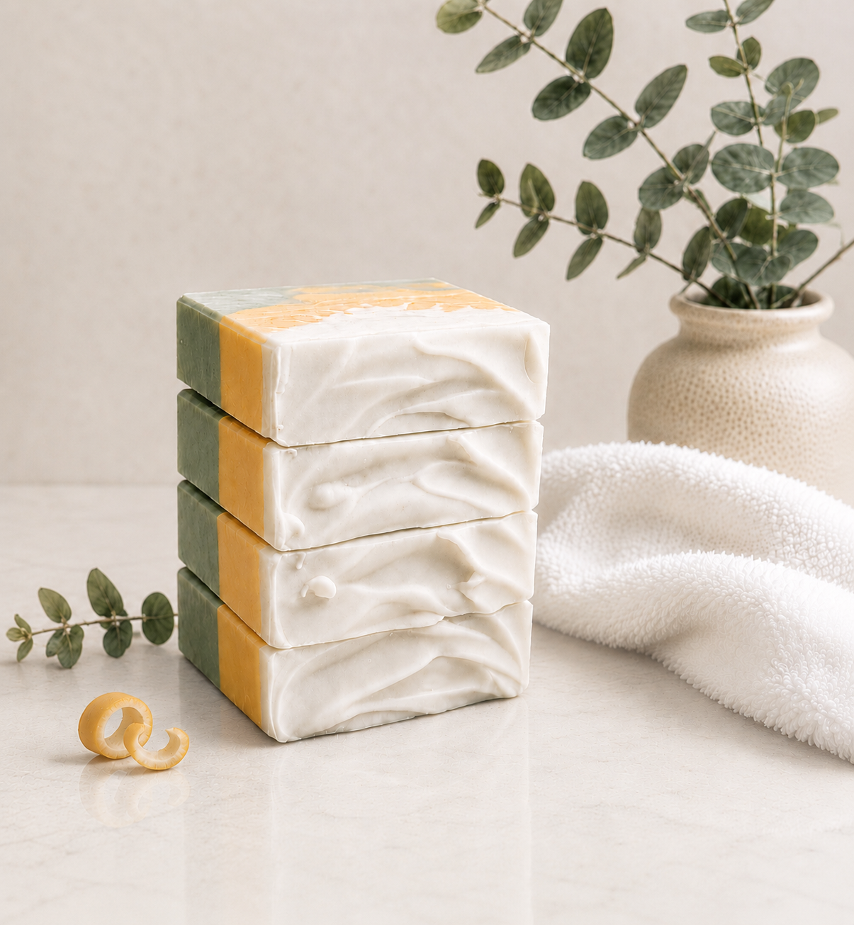 Vertical stack of Sunlit Citrus Grove soap bars showing ivory swirled faces with apricot and sage green side layers, styled with eucalyptus, a white towel, and a small citrus peel curl.