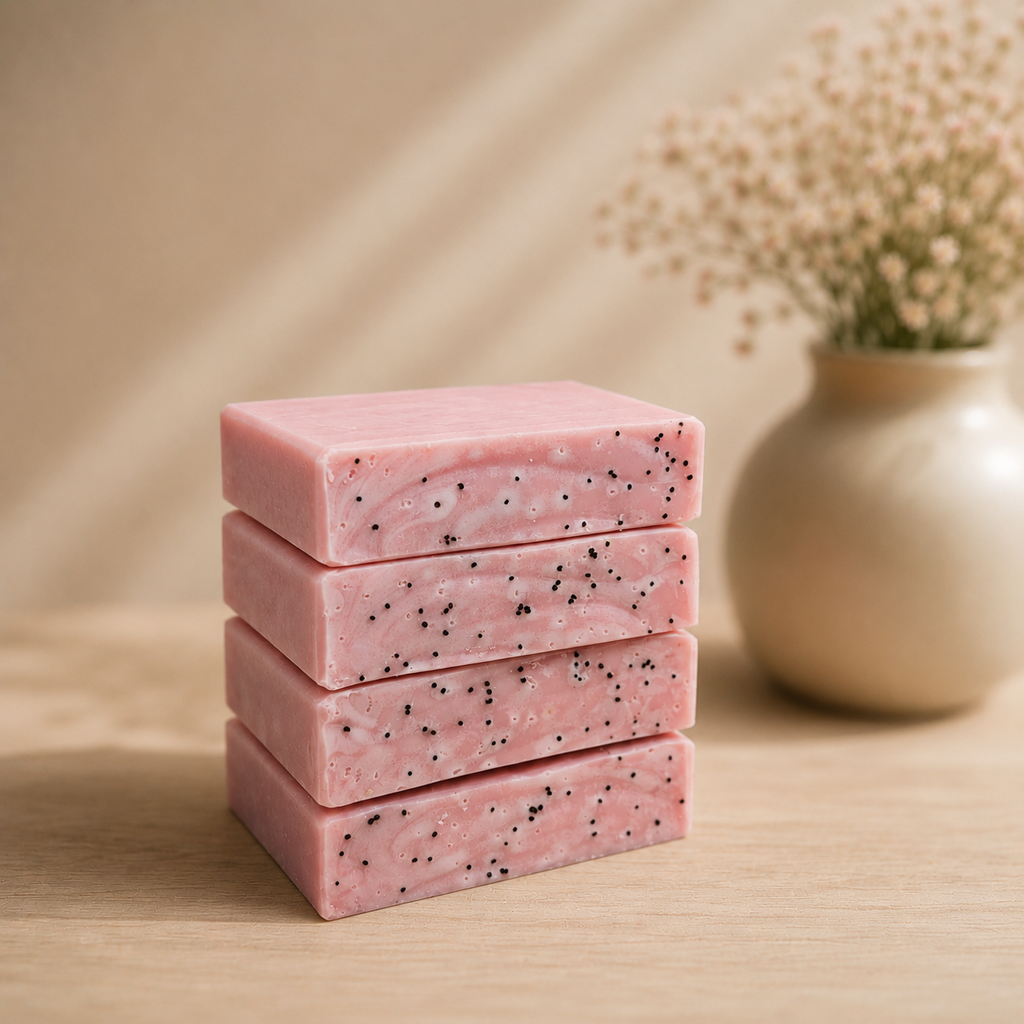 Five Wild Rose Meadow soap bars stacked vertically on a warm wood surface, with fine botanical speckles and soft bathroom styling.