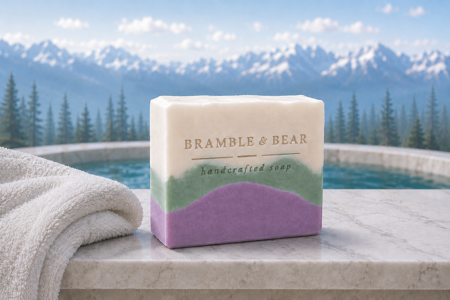 Single Alpine Lavender Mint soap bar on a marble spa ledge with a folded towel, pine trees, and a softly blurred backdrop of snow-capped alpine mountains.