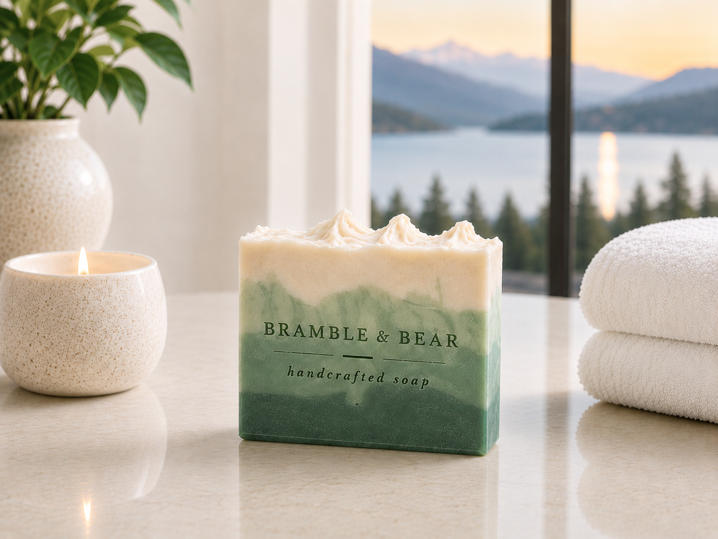 Juniper Woodland Sunset handmade soap standing on a marble table with soft green and ivory mountain layers, recessed stamp details, candlelight, towels, and a serene lake-and-mountain sunset view.