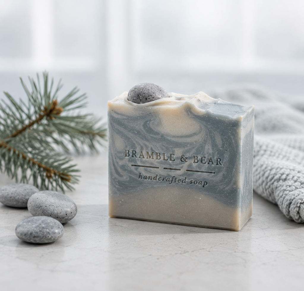 Northern Fjord Air handmade soap standing on a light marble surface with blue-gray and cream swirls, a gray pebble embed, small stones, a towel, and an evergreen sprig nearby.