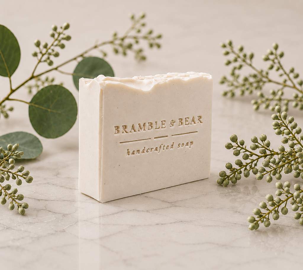 Single Oatmeal Milk & Honey soap bar on a marble surface with minimal green botanicals around it, showing the Bramble & Bear handcrafted soap stamp on the front.