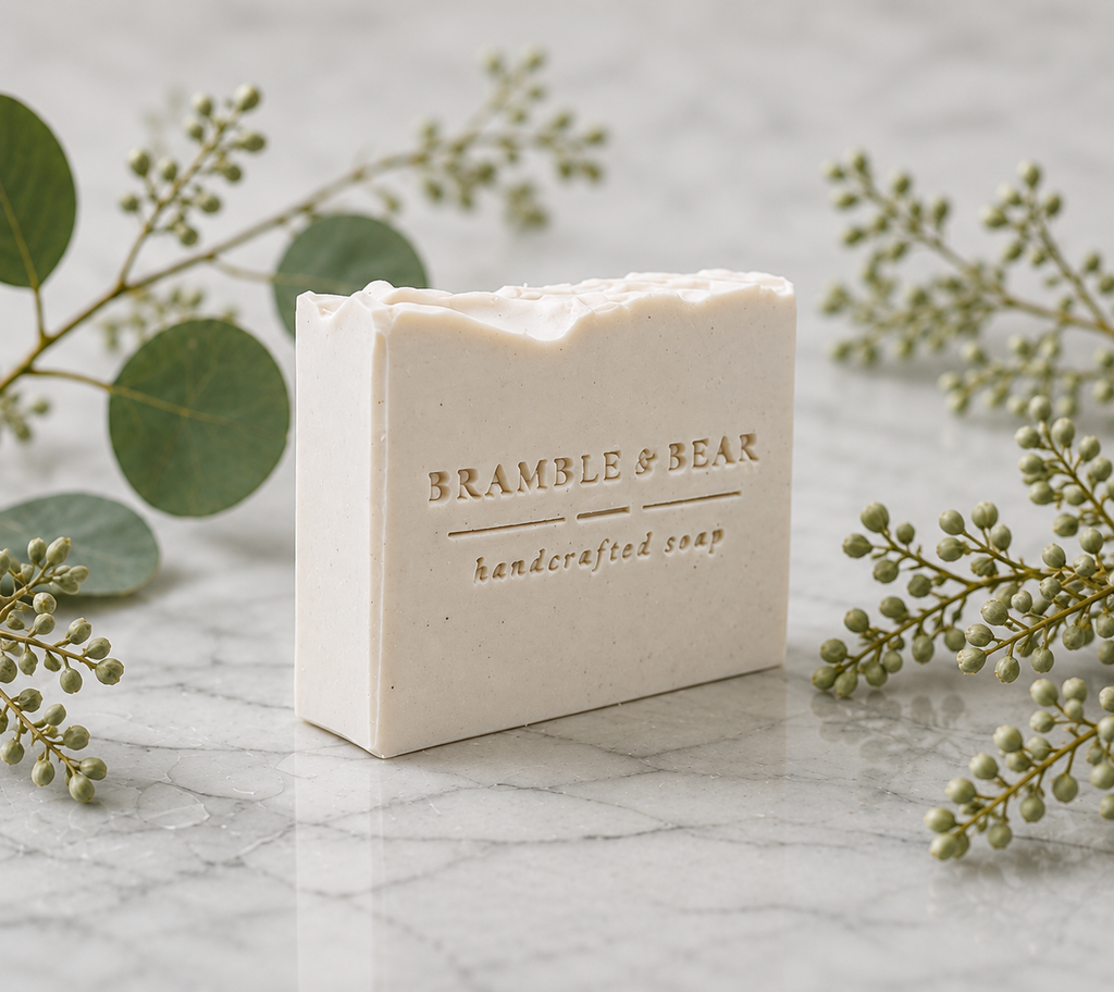 Single Honey Oatmeal Grove soap bar on a marble surface with minimal green botanicals around it, showing the Bramble & Bear handcrafted soap stamp on the front.