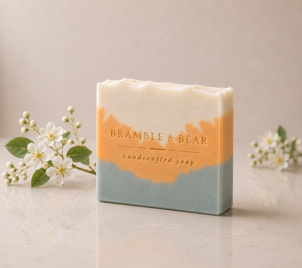 Single Sunlit Citrus Grove soap bar standing upright with ivory, apricot, and sage green layers, styled against a soft citrus blossom background and warm marble surface.
