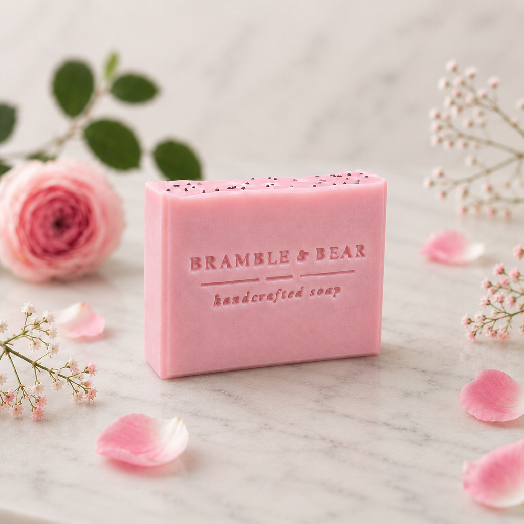 Single Wild Rose Meadow soap bar on a marble table with a pink rose, scattered petals, and minimal botanical accents.