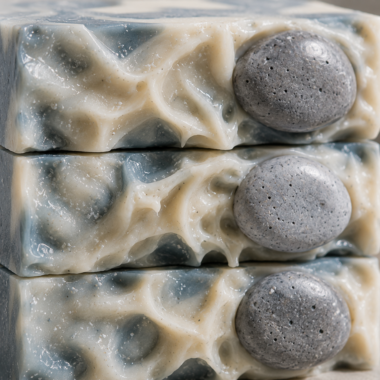 Close-up of Northern Fjord Air handmade soap bars showing textured blue-gray, cream, and charcoal swirls with round gray pebble embeds.