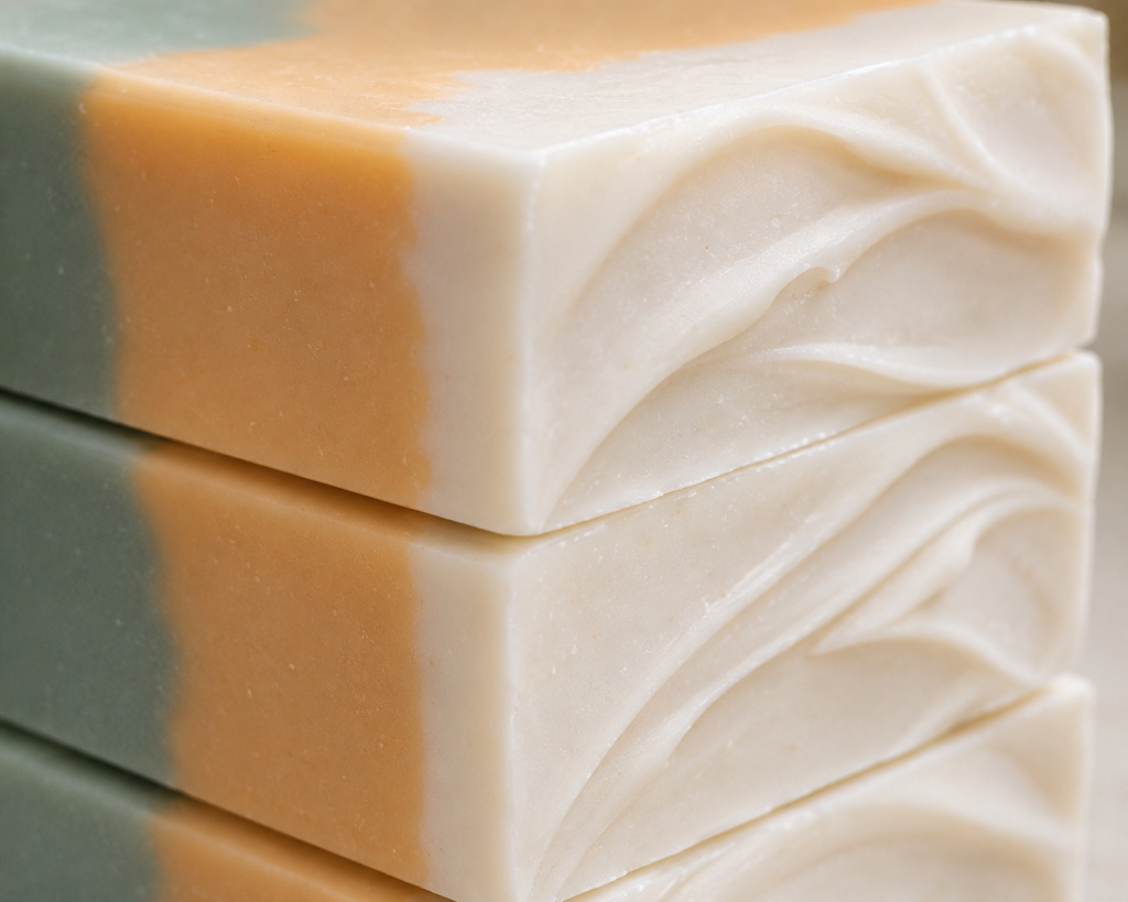 Close-up of Sunlit Citrus Grove soap showing ivory swirled texture, apricot and sage green layers, smooth handmade edges, and subtle natural pores.
