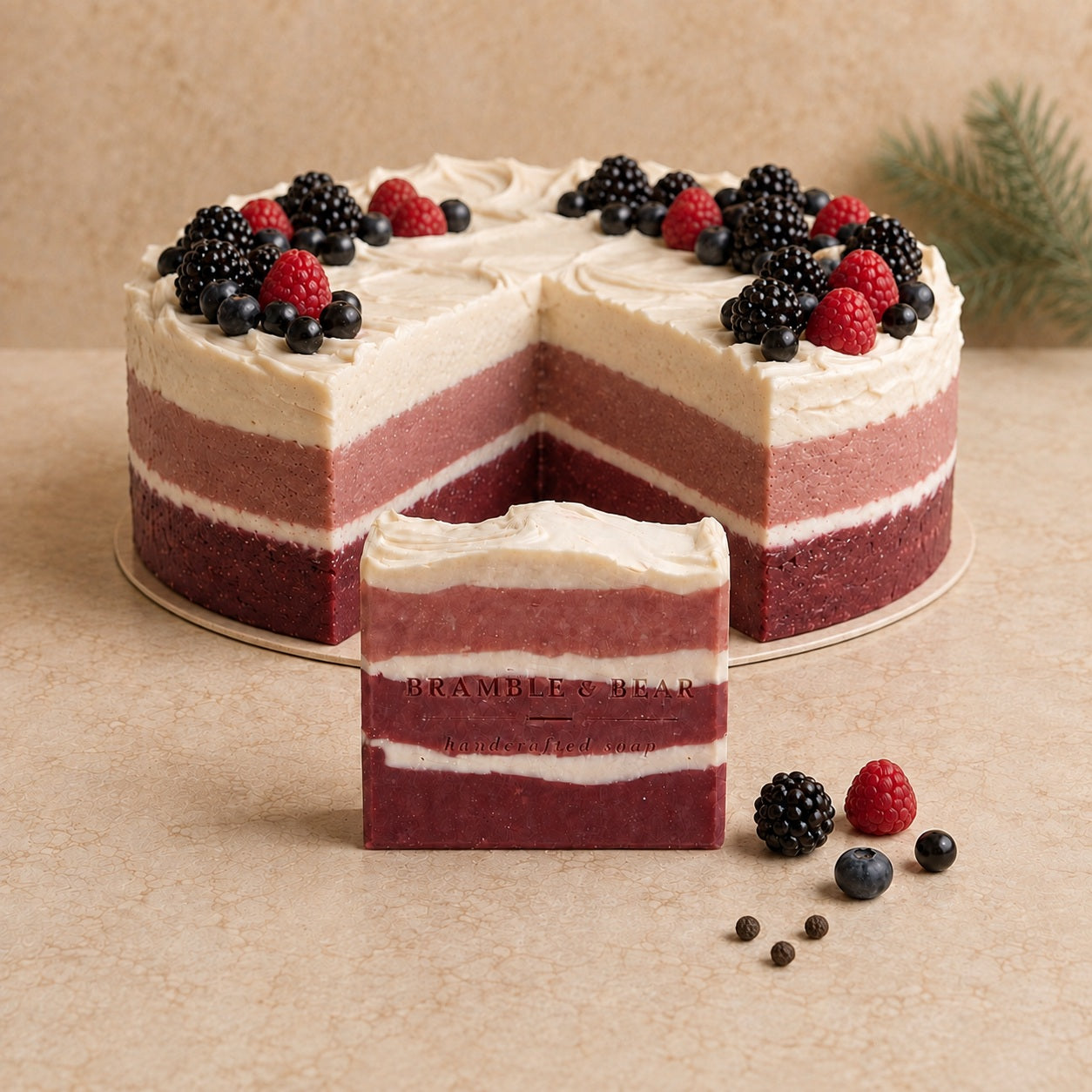Forest Berry Cake handmade soap bar in front of a layered berry cake topped with blackberries, raspberries, and blueberries.