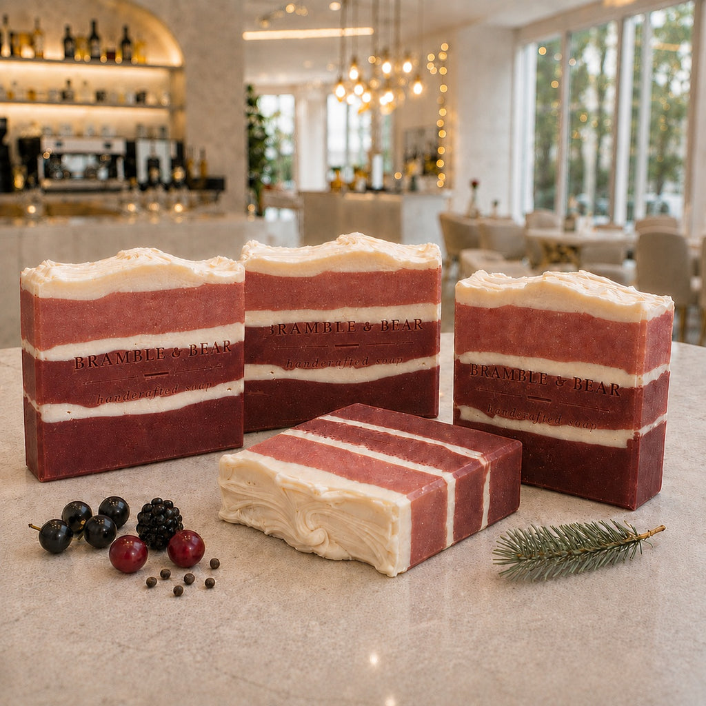 Four Forest Berry Cake handmade soap bars arranged on a marble counter with berries and evergreen in a warmly lit café interior.