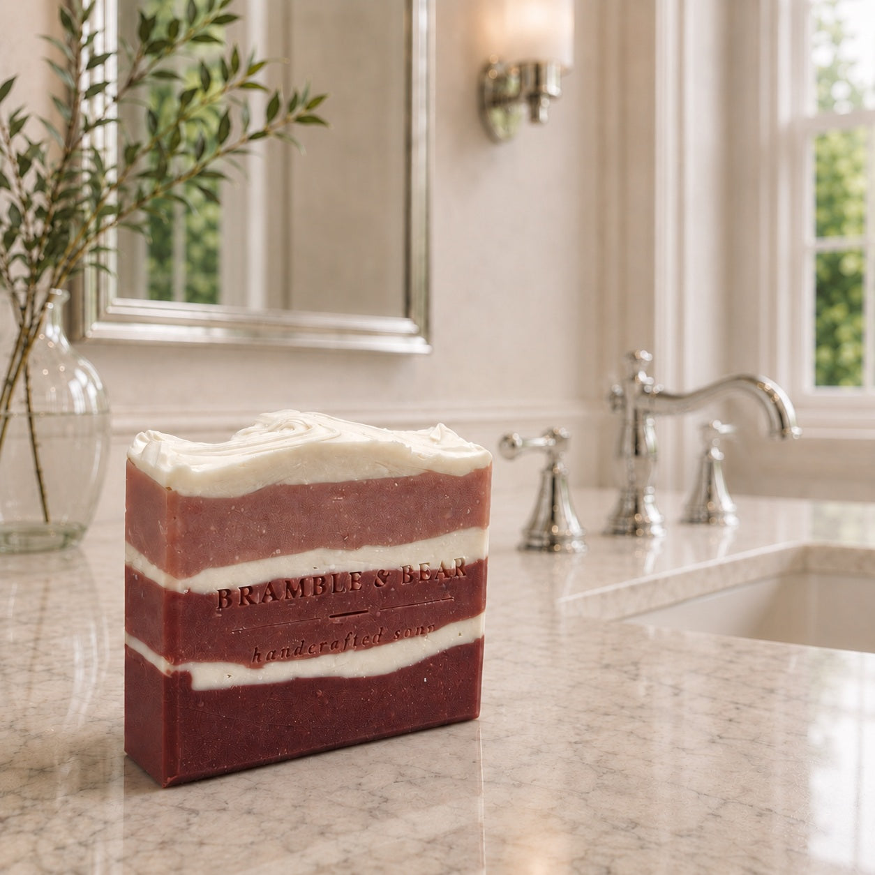 Forest Berry Cake handmade soap bar displayed on a marble bathroom vanity beside a polished chrome sink and mirror.