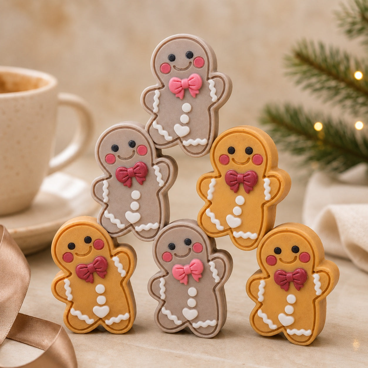 Six Frosted Cutie soaps arranged in a festive stack, alternating golden Frosted Pumpkin Apple and taupe Frosted Gingerbread designs beside a cream mug, champagne ribbon, and softly glowing evergreen lights.