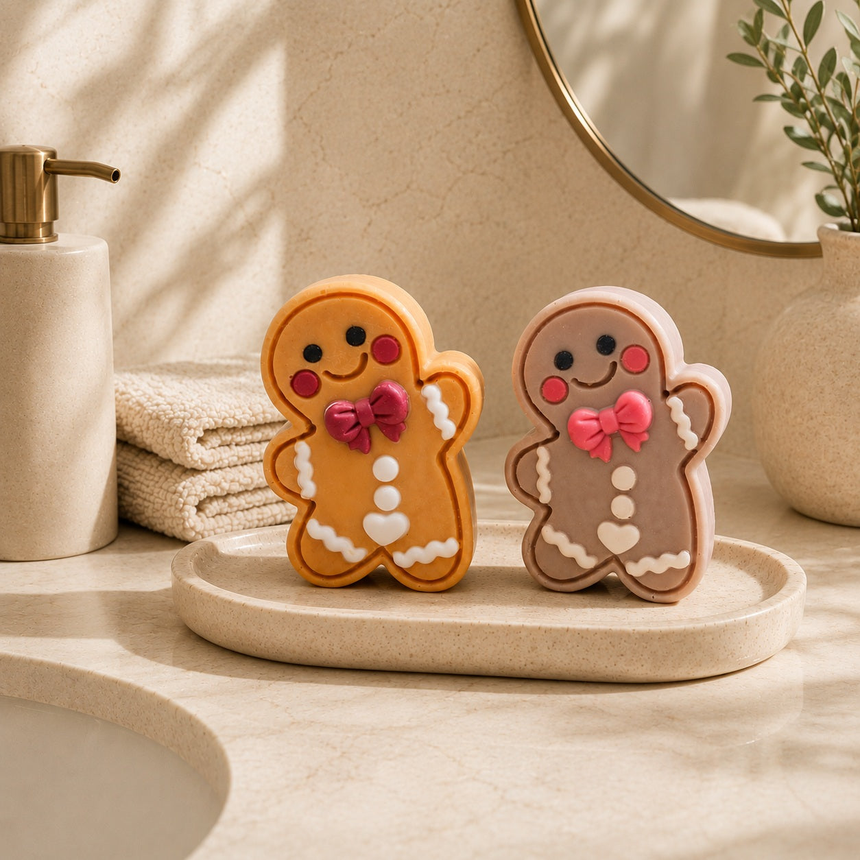 Frosted Pumpkin Apple and Frosted Gingerbread Cutie soaps standing on an oval stone tray in a warm, sunlit bathroom with folded towels, a soap dispenser, a brass mirror, and greenery.