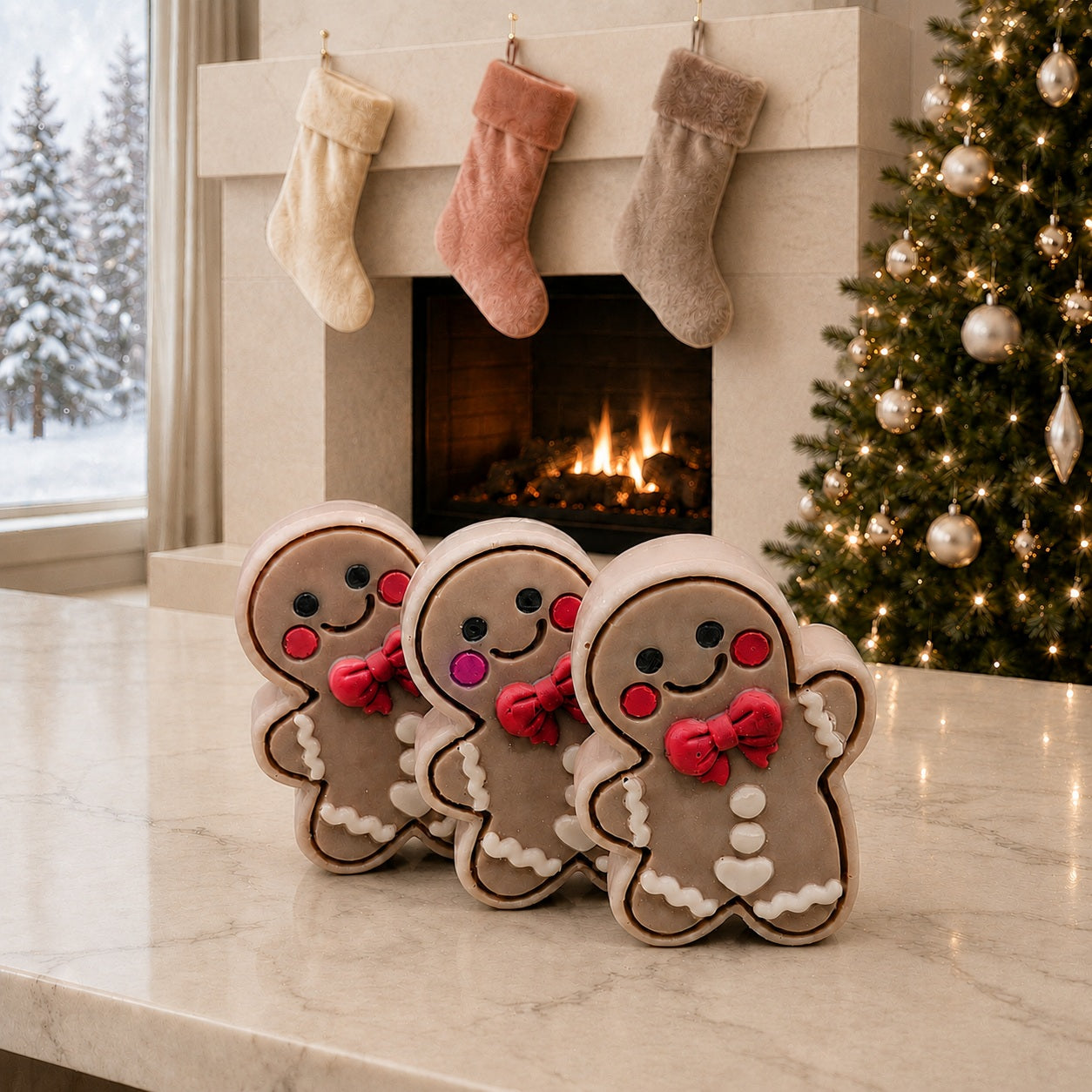 Three Frosted Gingerbread Cutie soaps on a pale stone counter before a fireplace with three stockings, a lit Christmas tree and snowy window.