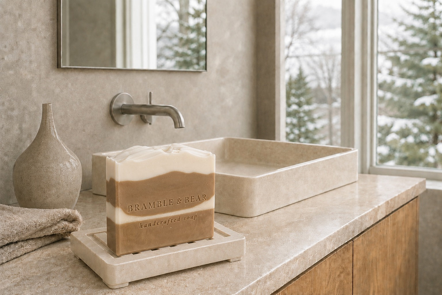 Frosted Gingerbread Cream soap beside a folded linen towel on a warm stone vanity overlooking a quiet snowy woodland.