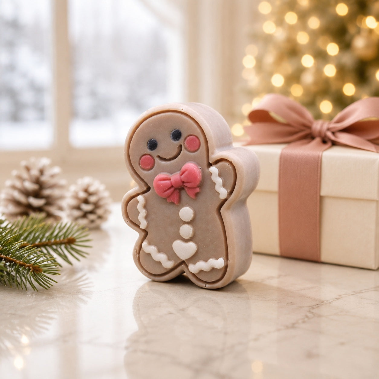 Frosted Gingerbread Cutie soap on pale stone beside a cream gift, snowy window, pinecones and softly lit Christmas tree.