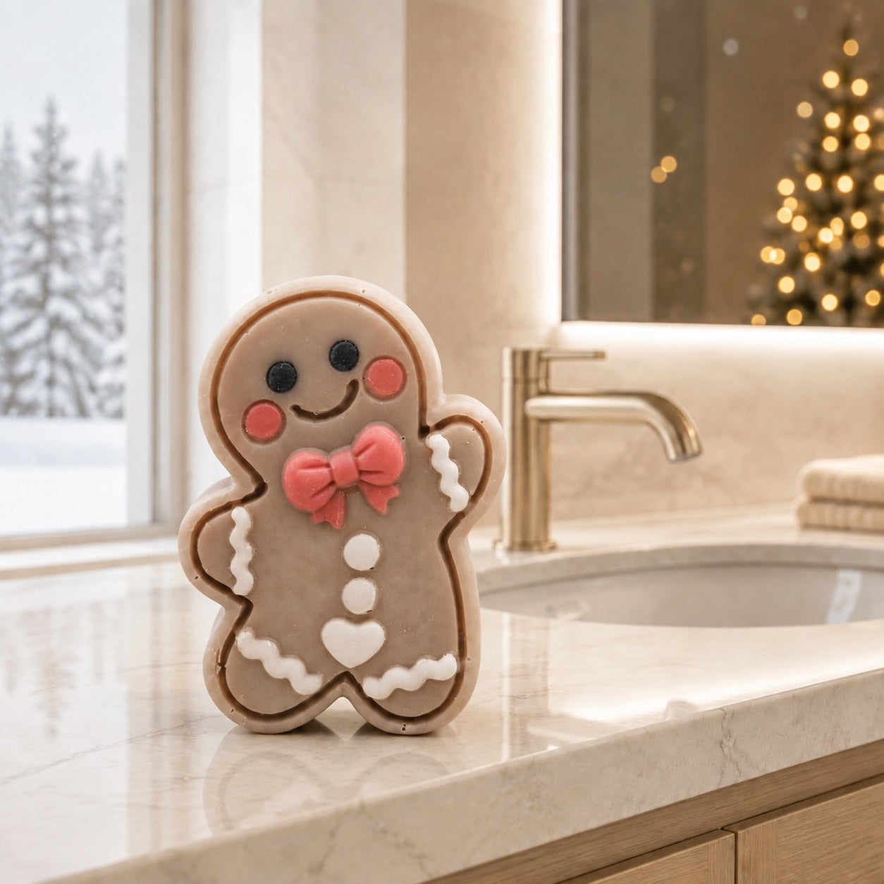 Frosted Gingerbread Cutie soap on a luxury cream-stone bathroom vanity beside a sink, snowy window and glowing Christmas tree.