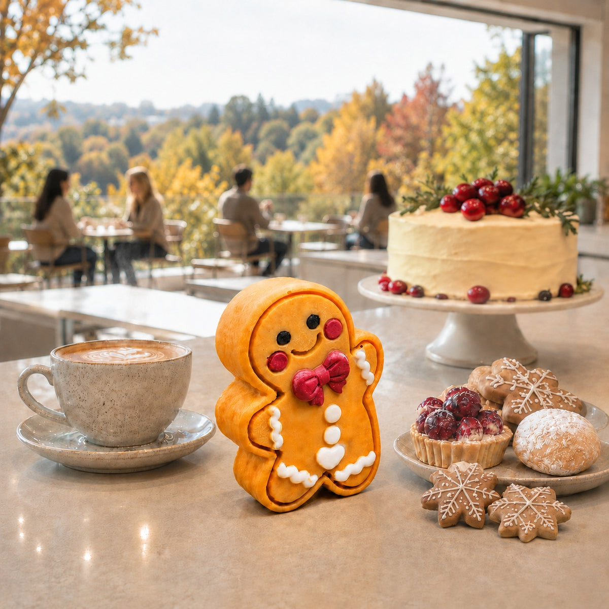 Frosted Pumpkin Apple Cutie soap beside coffee and holiday pastries in a bright café overlooking autumn trees.