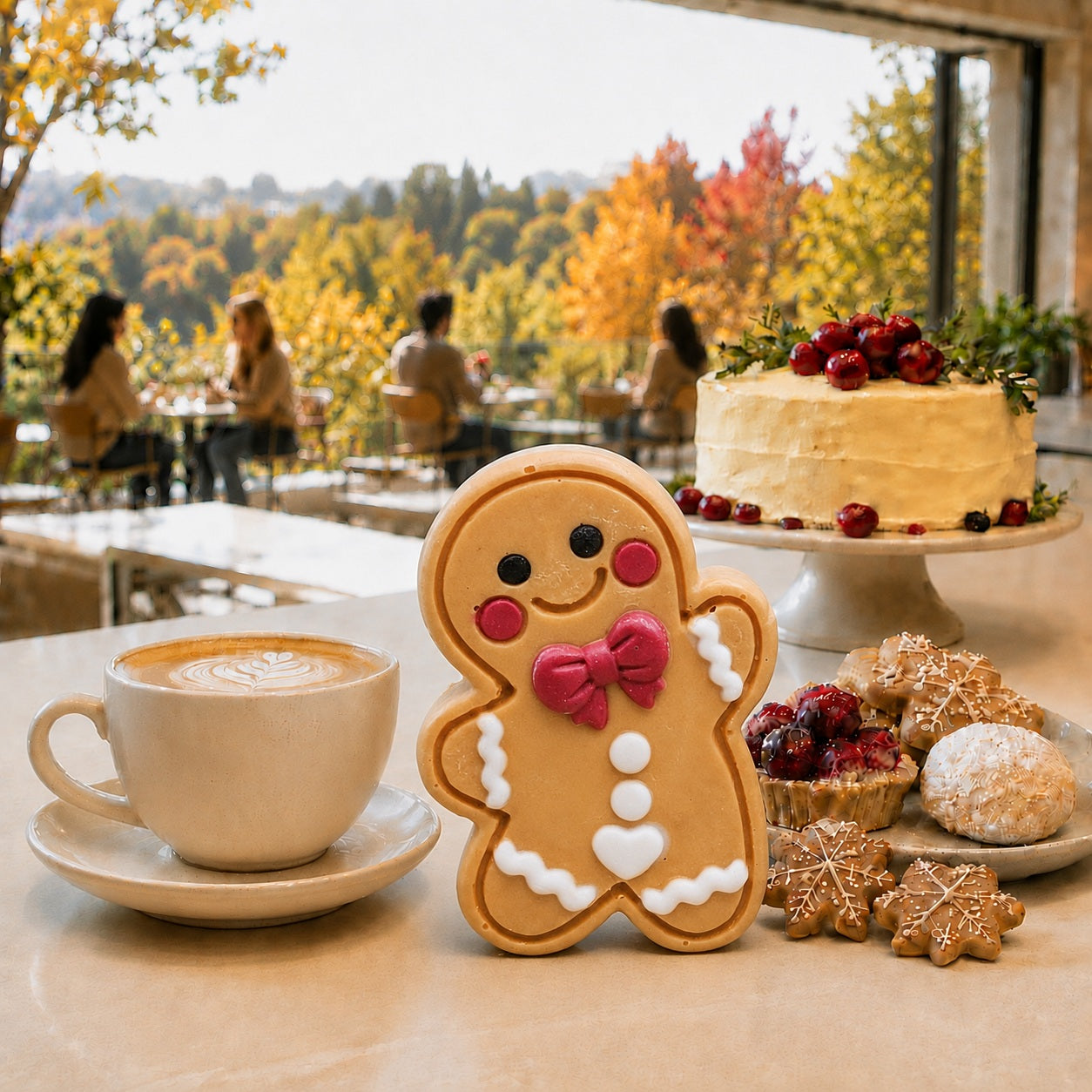 Frosted Pumpkin Apple Cutie soap beside coffee and holiday pastries in a bright café overlooking autumn trees.