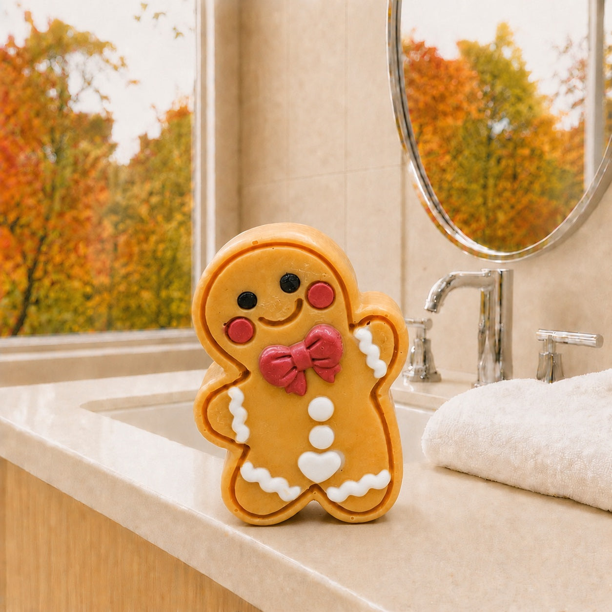 Frosted Pumpkin Apple Cutie soap on a bright bathroom counter beside a folded towel, with autumn trees outside.