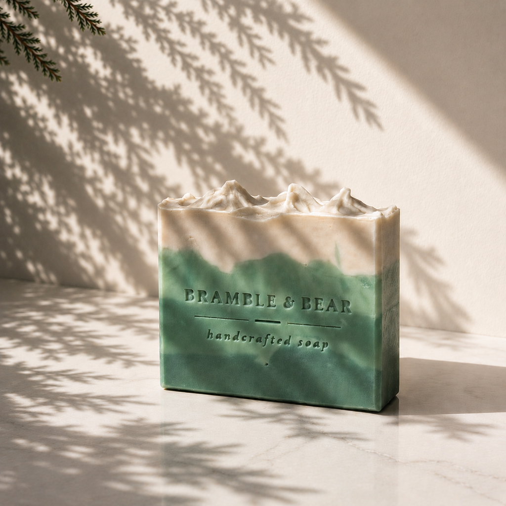 Juniper Woodland Sunset handmade soap on a marble surface with soft green and ivory layers, recessed stamp details, blurred juniper greenery, and dramatic dappled botanical shadows.