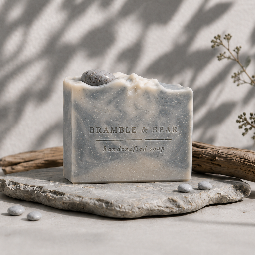Northern Fjord Air handmade soap on a light stone surface with blue-gray and cream swirls, a gray pebble embed, driftwood, small stones, delicate greenery, and soft botanical shadows on the wall.