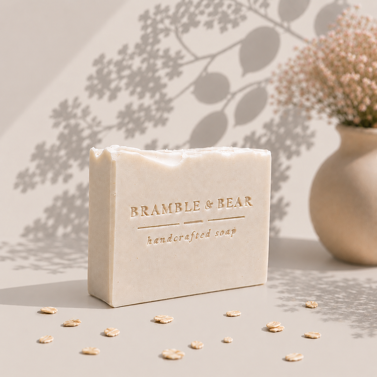 Single Oatmeal Milk & Honey soap in a warm neutral setting with soft botanical shadows on the wall, scattered oat grains on the surface, and the Bramble & Bear handcrafted soap stamp visible.