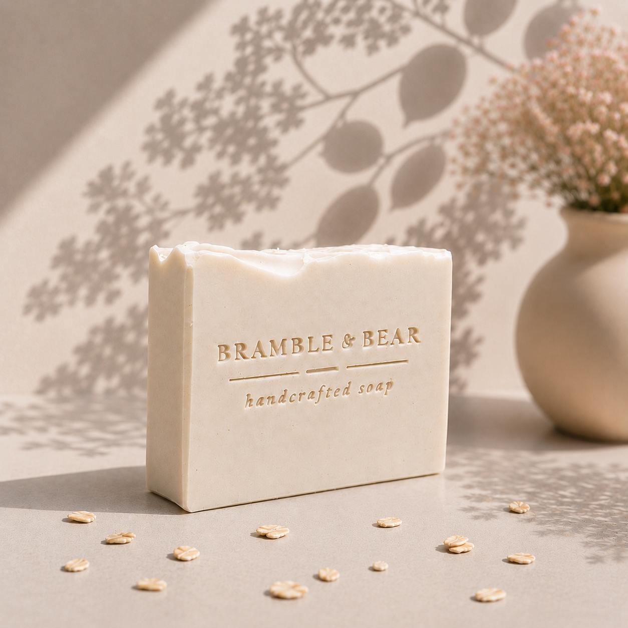 Single Honey Oatmeal Grove soap bar in a warm neutral setting with soft botanical shadows on the wall, scattered oat grains on the surface, and the Bramble & Bear handcrafted soap stamp visible.