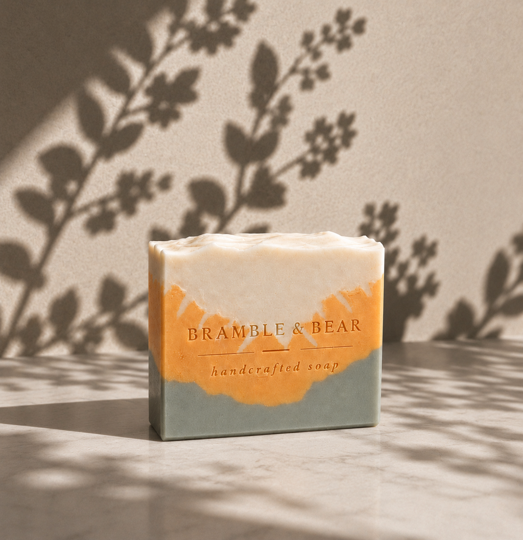 Single Sunlit Citrus Grove soap bar in dramatic botanical shadow play, with ivory, apricot, and sage green layers on marble and the Bramble & Bear stamp visible.