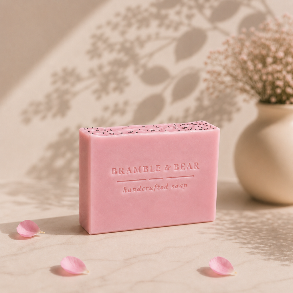 Wild Rose Meadow soap bar on a warm surface with rose petals, delicate botanicals, and soft botanical shadows in luxury natural light.