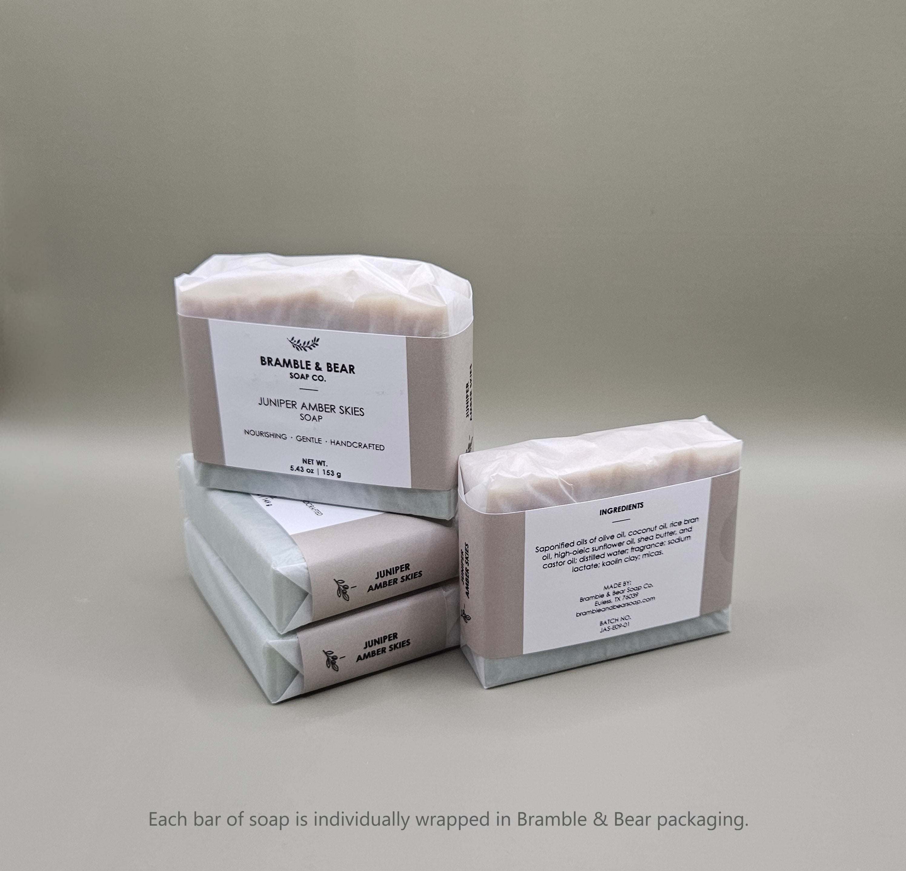 Bramble & Bear handcrafted soap bars shown individually wrapped in branded packaging.