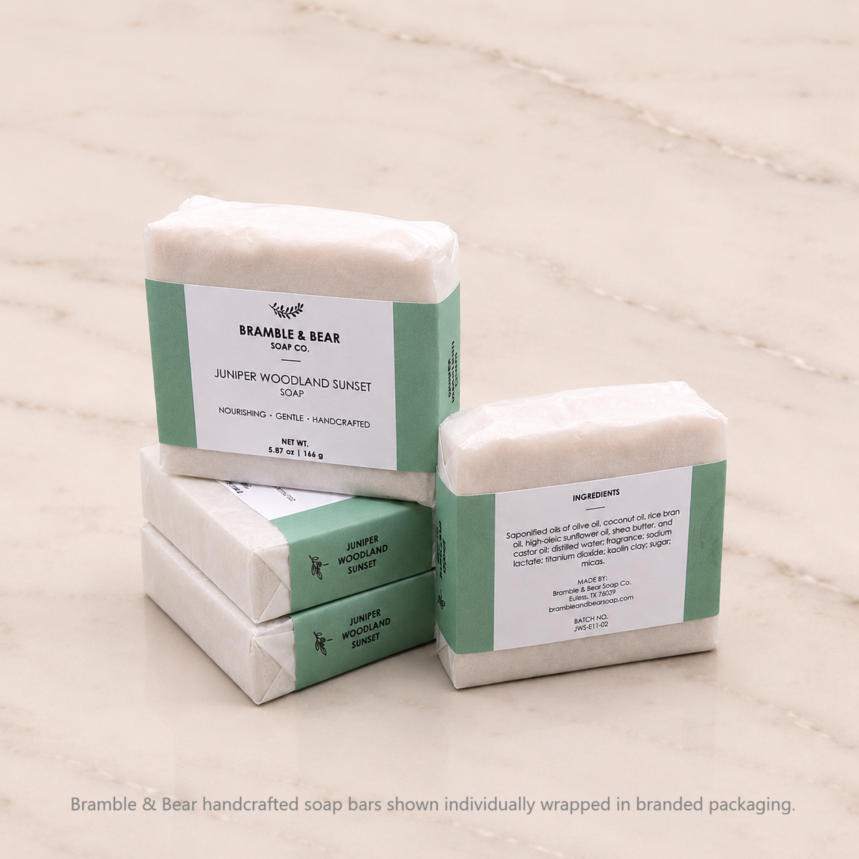 Bramble & Bear handcrafted soap bars shown individually wrapped in branded packaging.