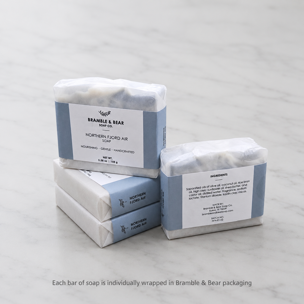 Bramble & Bear handcrafted soap bars shown individually wrapped in branded packaging.