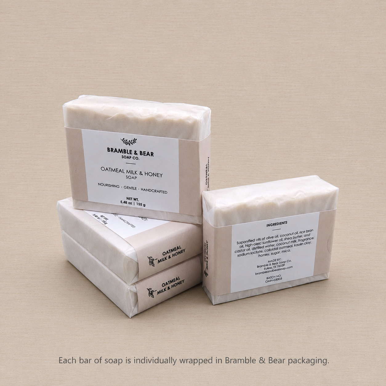Bramble & Bear handcrafted soap bars shown individually wrapped in branded packaging.