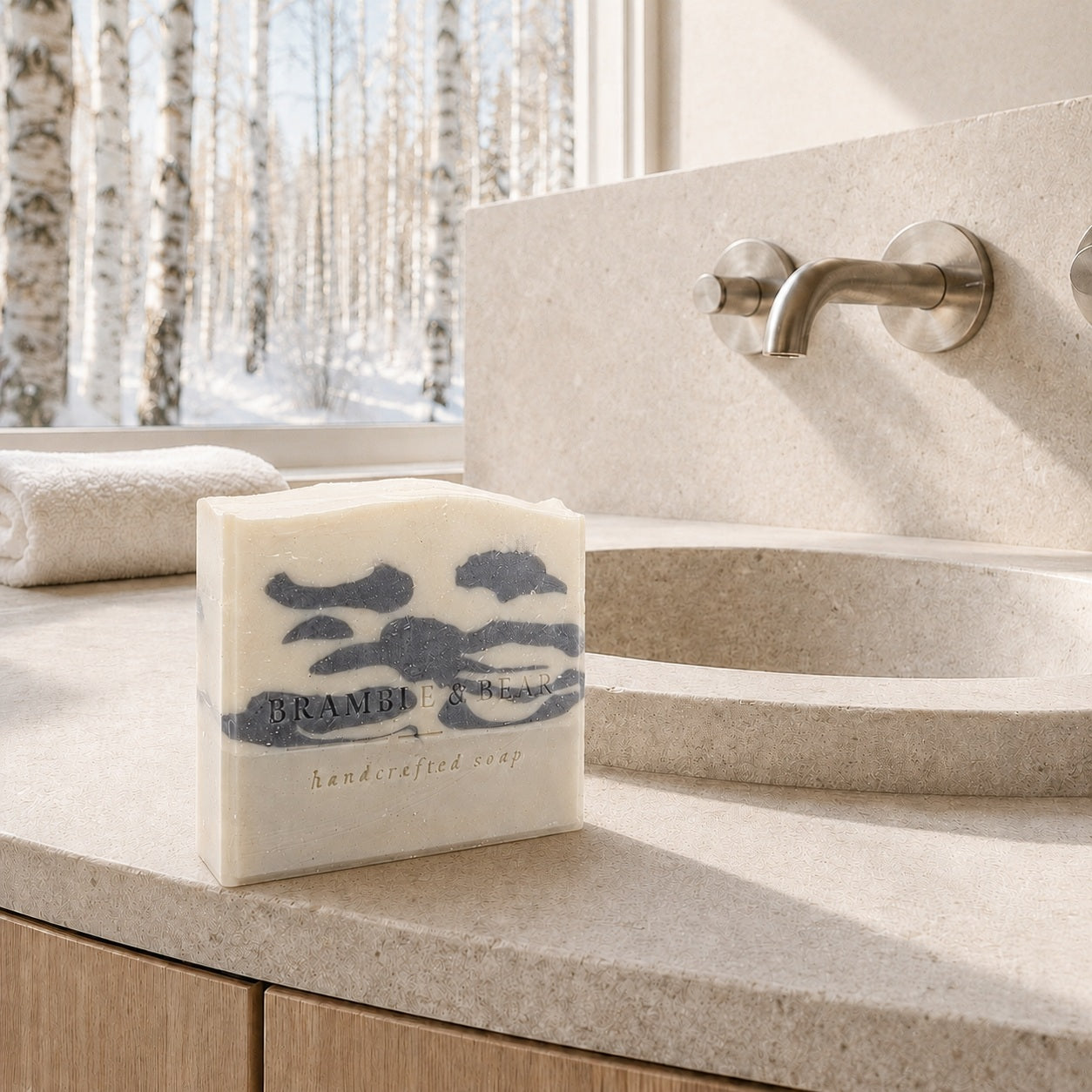 Silver Birch Crossing soap beside a sculptural stone sink in a bright luxury bathroom overlooking snowy birch trees.