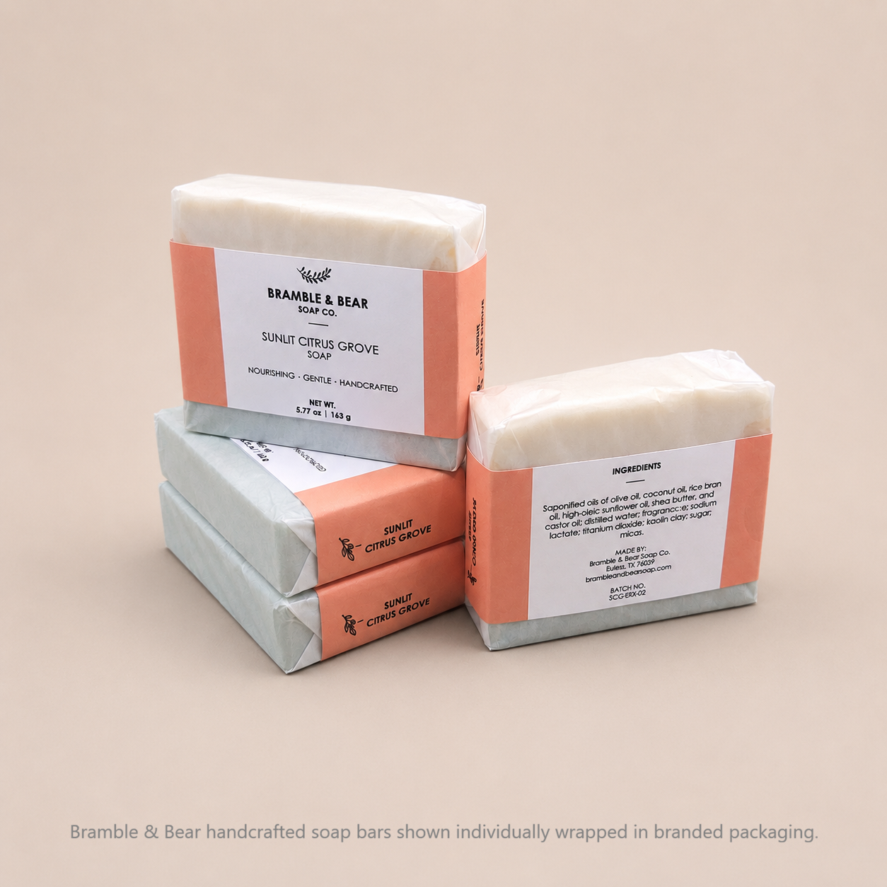 Bramble & Bear handcrafted soap bars shown individually wrapped in branded packaging.