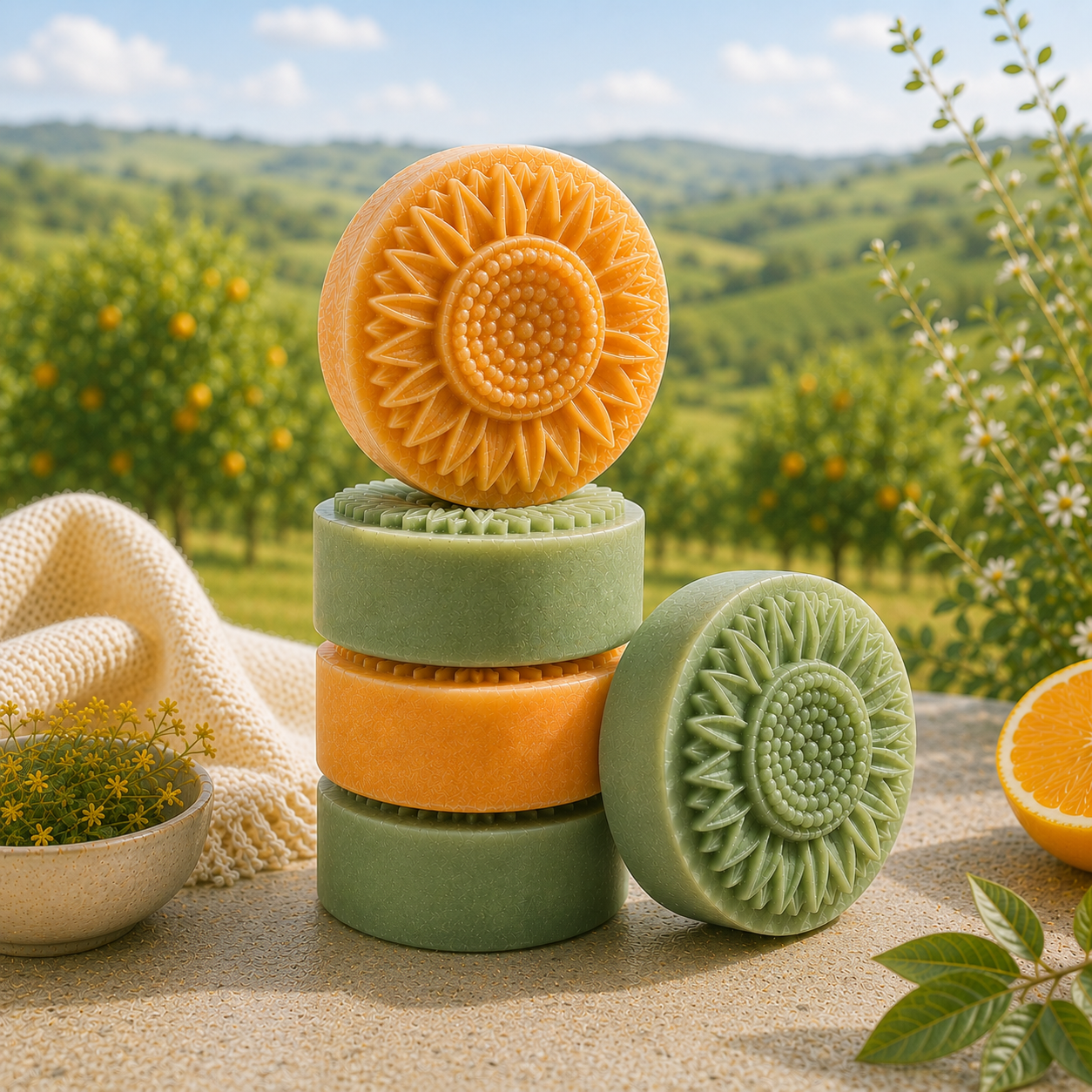 A stack of round sunflower-shaped soaps in marigold orange and soft green sits on a sunlit stone surface outdoors, with a matching green soap leaning beside it. The soaps are styled with a cream woven towel, small yellow flowers, citrus leaves, and a sliced orange, with softly blurred rolling citrus-grove hills in the background.