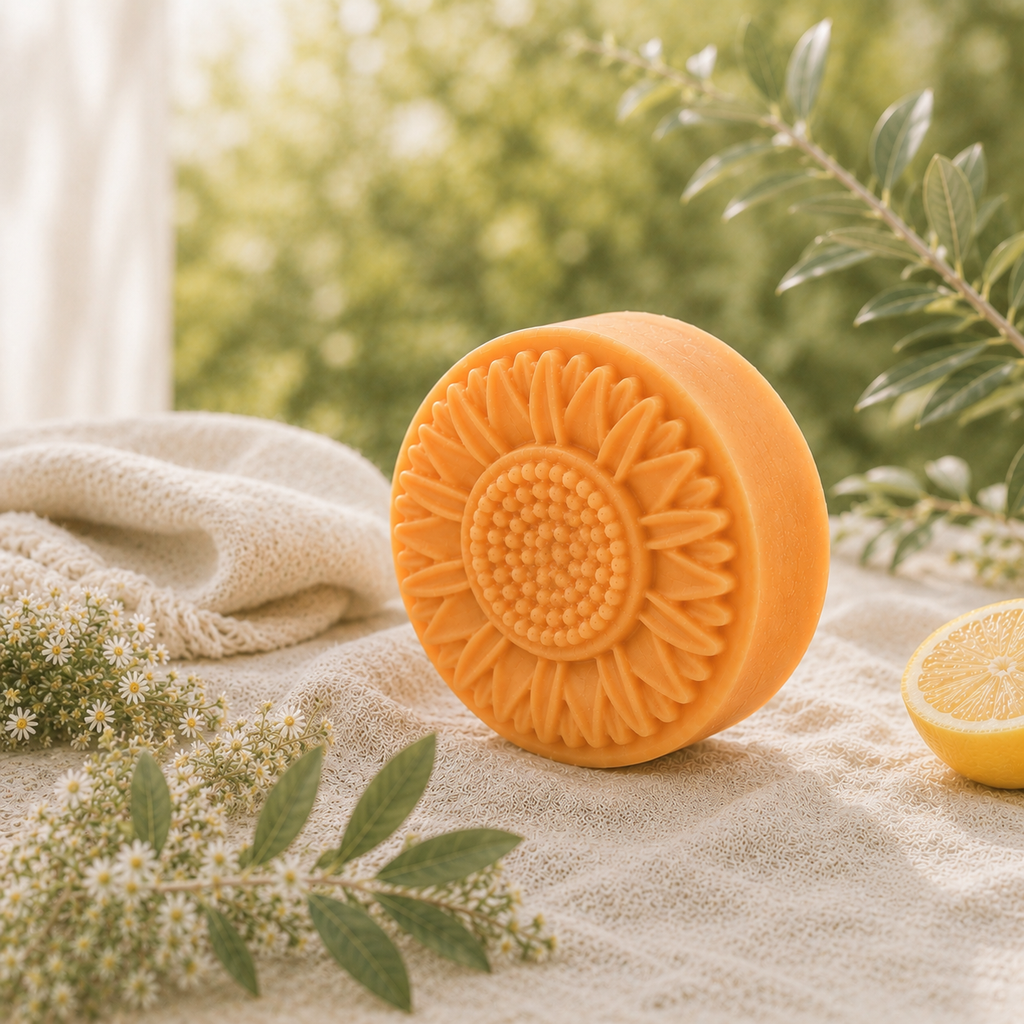 Orange sunflower-shaped soap standing on pale linen in a softly lit botanical setting with muted greenery, small white flowers, and a subtle citrus accent.
