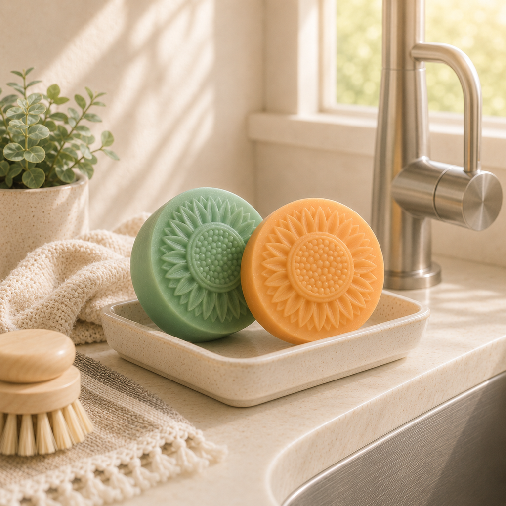 Green and orange sunflower-shaped soaps resting in a cream ceramic soap dish beside a modern kitchen sink, brushed nickel faucet, soft towel, plant, and wooden brush.